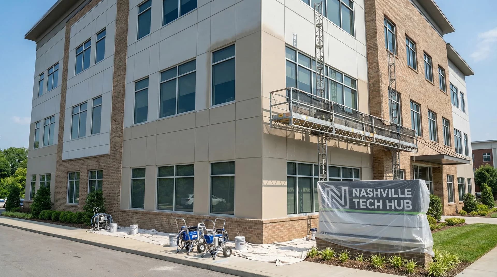 Professional commercial exterior painting on a Nashville office building with fiber cement and brick facade