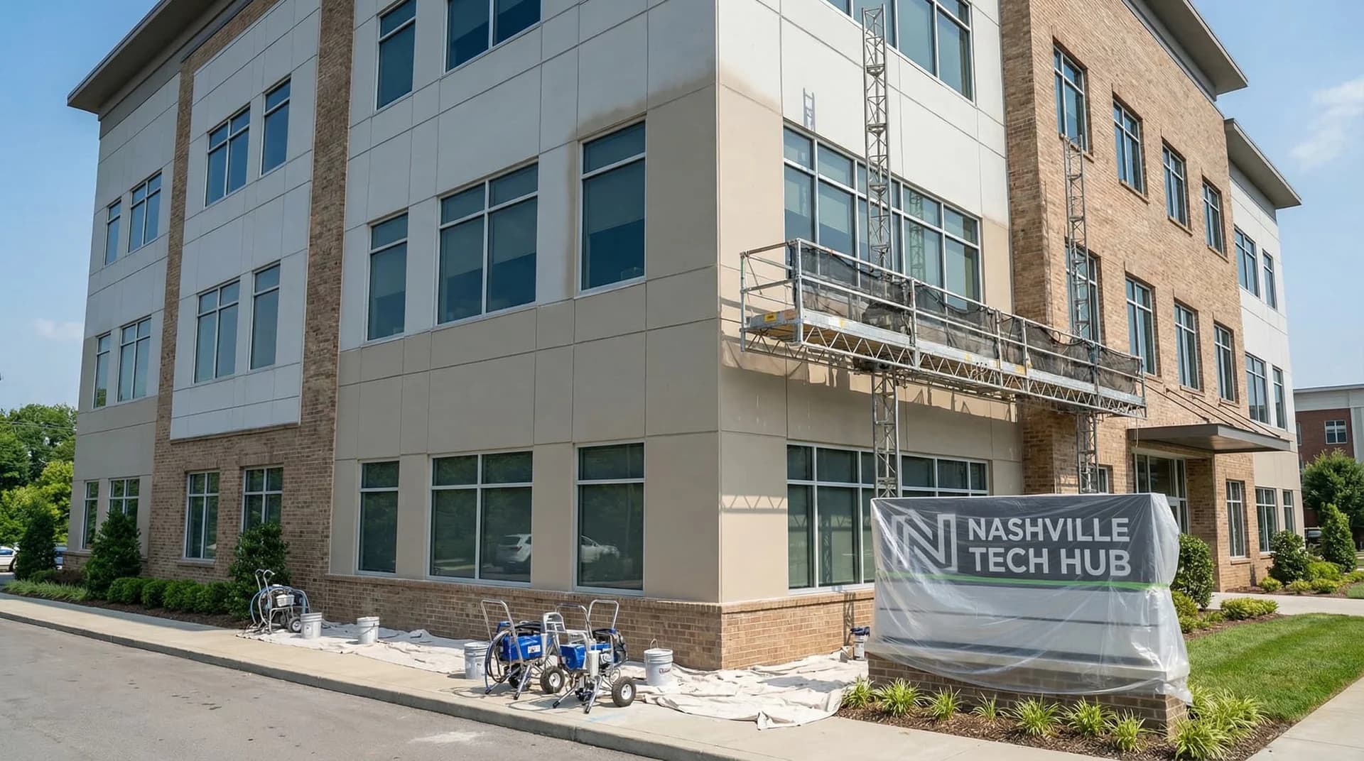 Professional commercial exterior painting on a Nashville office building with fiber cement and brick facade