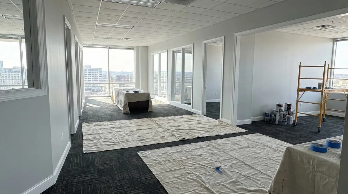 Freshly painted modern commercial office interior with light gray walls and white trim in Nashville, TN