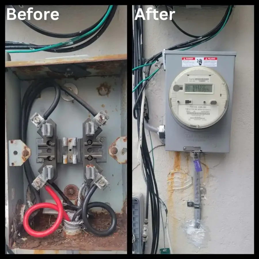 before and after images of a damaged electrical equipment