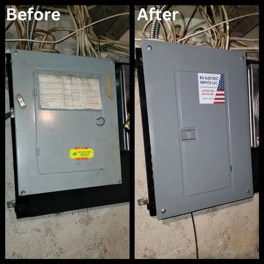 before and after images of a damaged electrical equipment