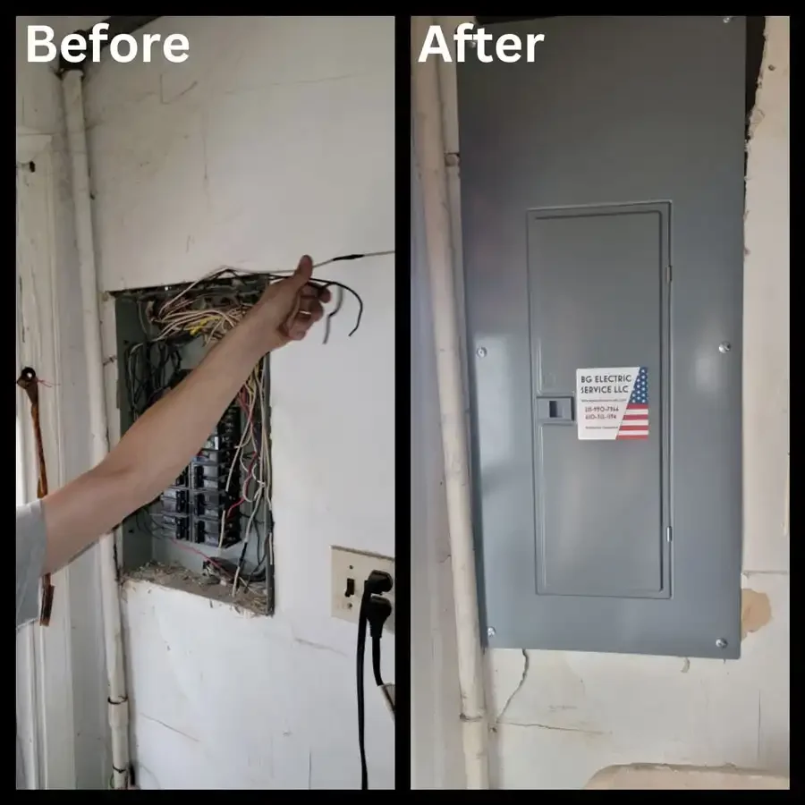 before and after images of a damaged electrical equipment