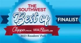 Award badge for Alan Construction as a finalist in the 2023 Readers' Poll by Clipper Magazine and LocalFlavor.com, highlighting local recognition in the Southwest.