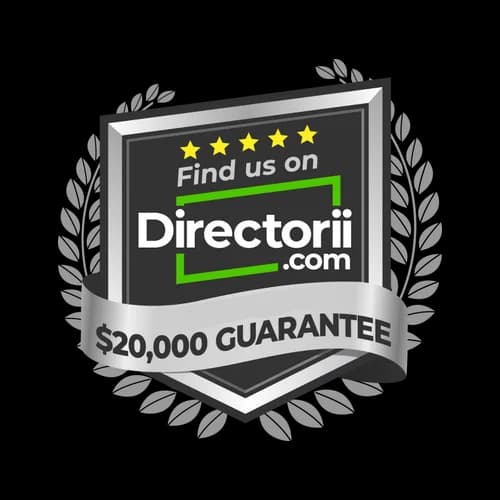 Badge featuring "Find us on Directorii.com" with five stars and "$20,000 Guarantee," symbolizing trust and quality service for Alan Construction in Pittsburgh.