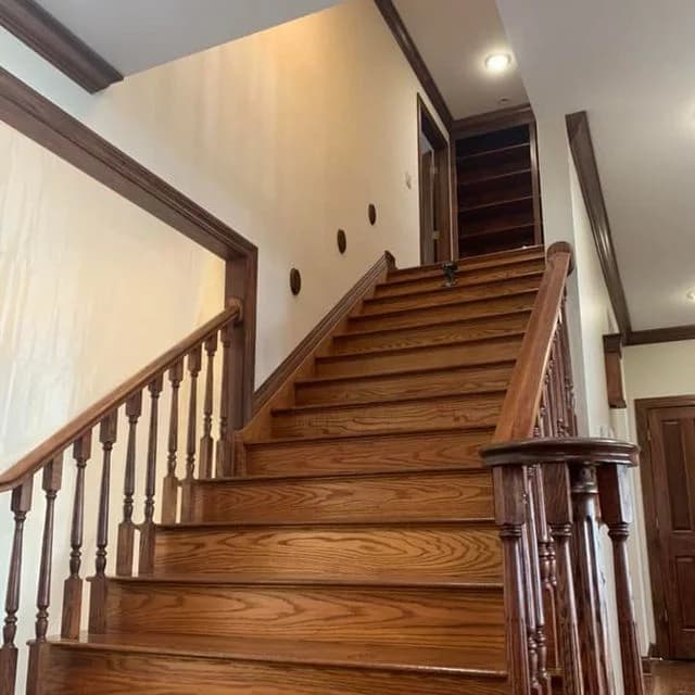 Interior wood stain finished product for an interior stairway that needed some rejuvenation.