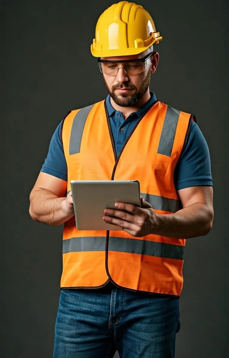 Construction worker in a hard hat and safety vest using a tablet.