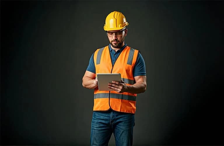 Construction worker in safety vest and hard hat using a tablet for site management.