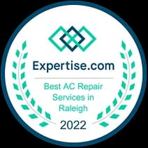 Circular badge displaying "Expertise.com Best AC Repair Services in Raleigh 2022" with decorative laurel leaves and geometric design.