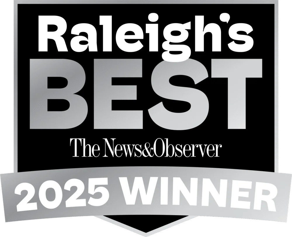 A black and gray badge reads “Raleigh’s BEST, The News & Observer, 2025 Winner.”.