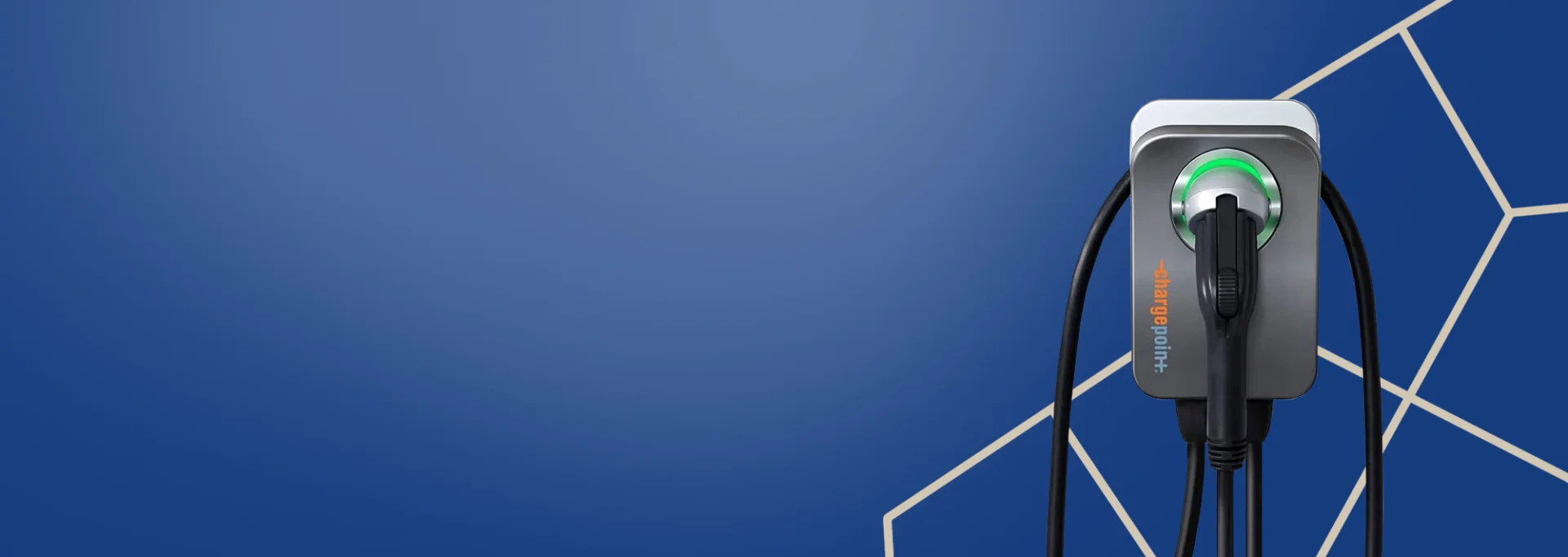 Background of a Chargepoint electric vehicle charger on a blue background.