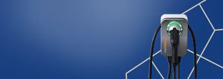 Background of a Chargepoint electric vehicle charger on a blue background.