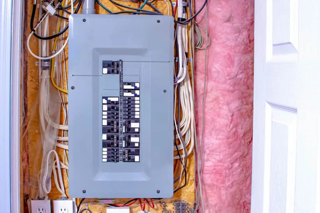 Electrical panel with circuit breakers for troubleshooting.