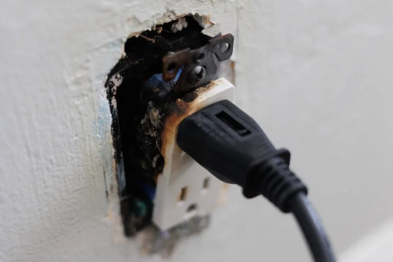Close-up of a damaged electrical outlet and plug during troubleshooting.