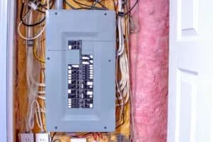 Electrical panel with circuit breakers for troubleshooting.