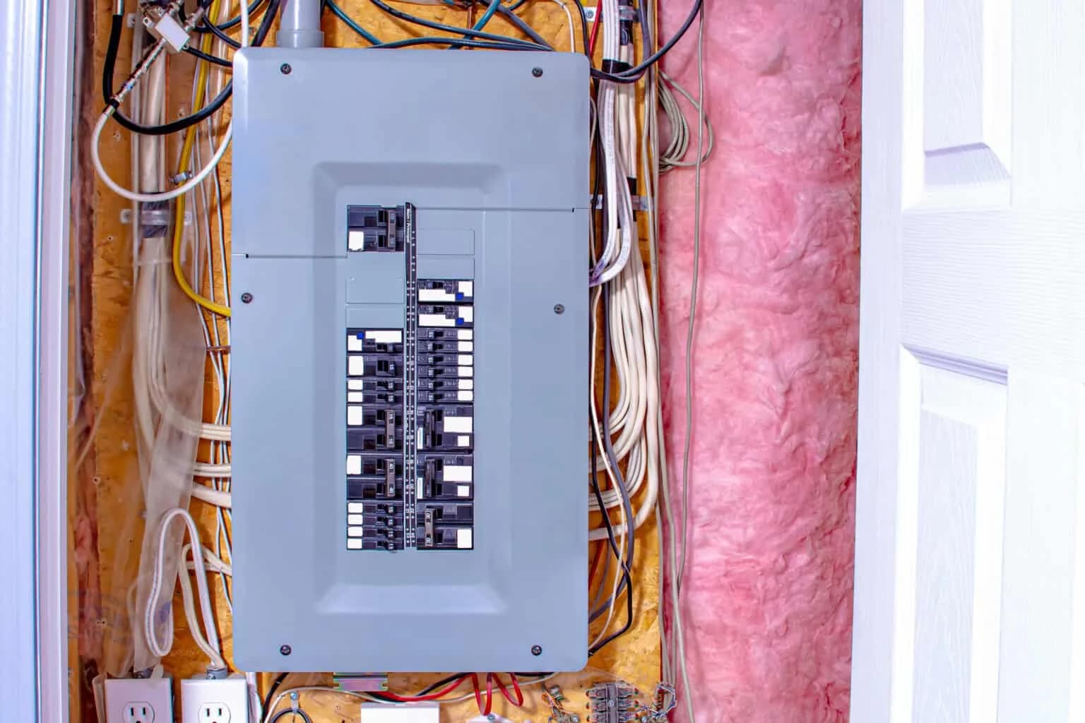 Electrical panel with circuit breakers for troubleshooting.