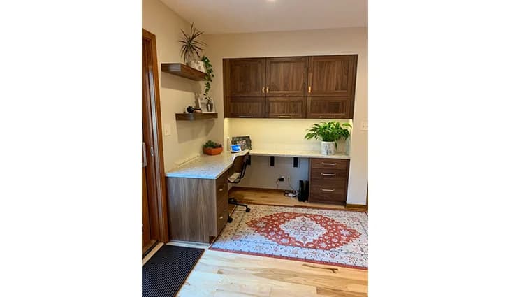 Home office remodel with dark wood cabinets
