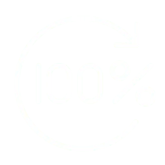 100 percent check mark with a circular arrow.