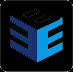 Stylized blue and black 3D cube logo.