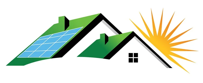 Solar panels installed on residential roof with sun shining in background.
