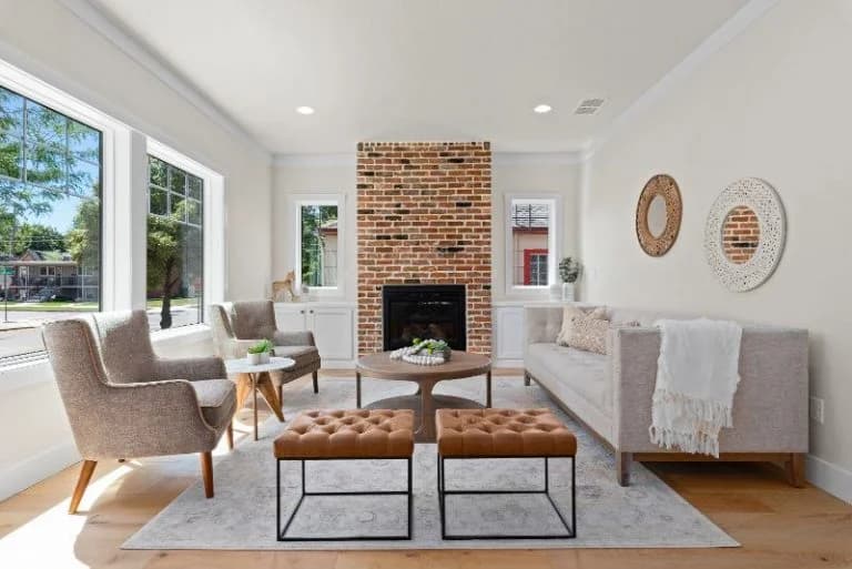 Brick fireplace in living room
