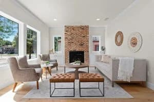 Brick fireplace in living room