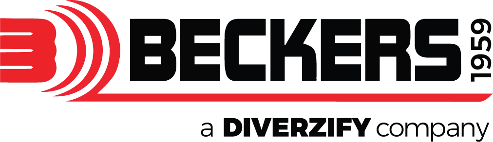 Beckers logo containing red and black colors with curved shapes and Beckers title in bold letters