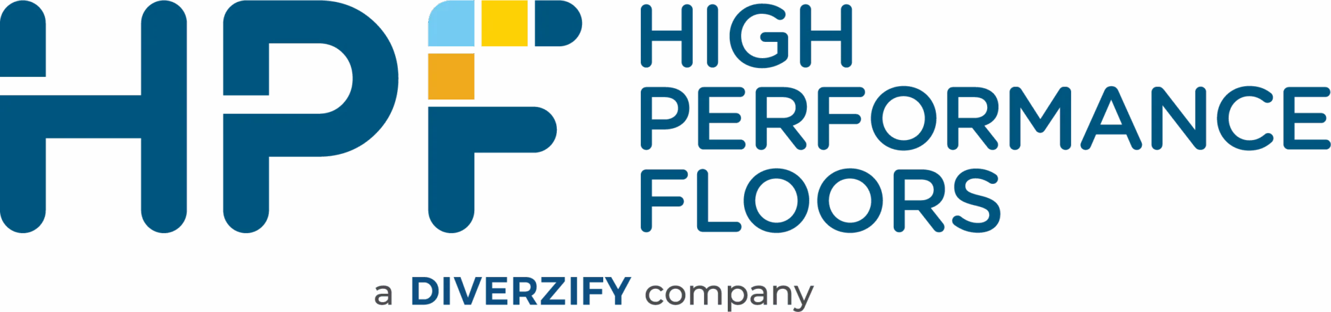 High Performance Floors logo featuring the initials 'HPF' in bold blue letters with colorful geometric accents, accompanied by the text 'High Performance Floors, a Diverzify company