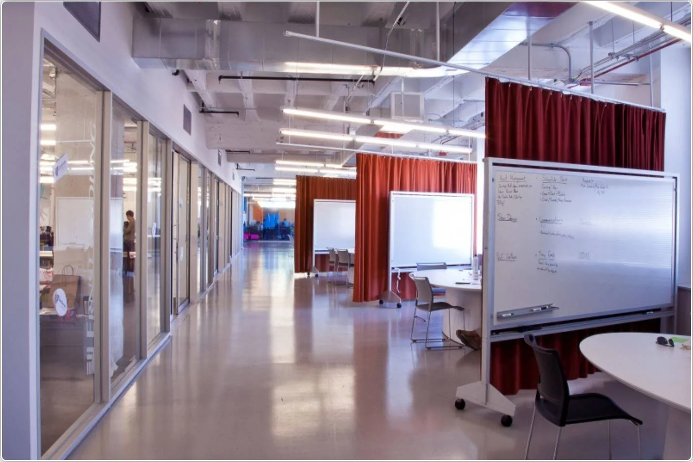 Headquarters with numerous whiteboards and offices separated by glass, with a poured flooring, gray base