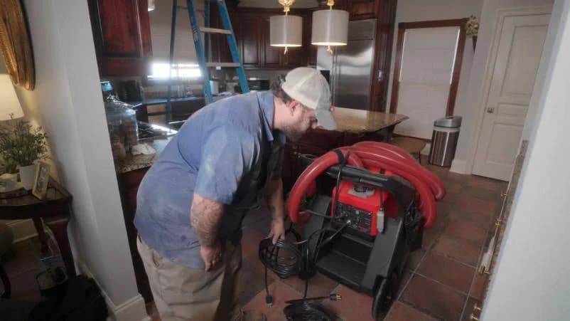 Technician preparing duct cleaning equipment in a residential kitchen to improve indoor air quality and prevent respiratory issues.