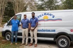 Three Tillman's Services technicians standing in front of a branded service van, showcasing expertise and community commitment in HVAC solutions.