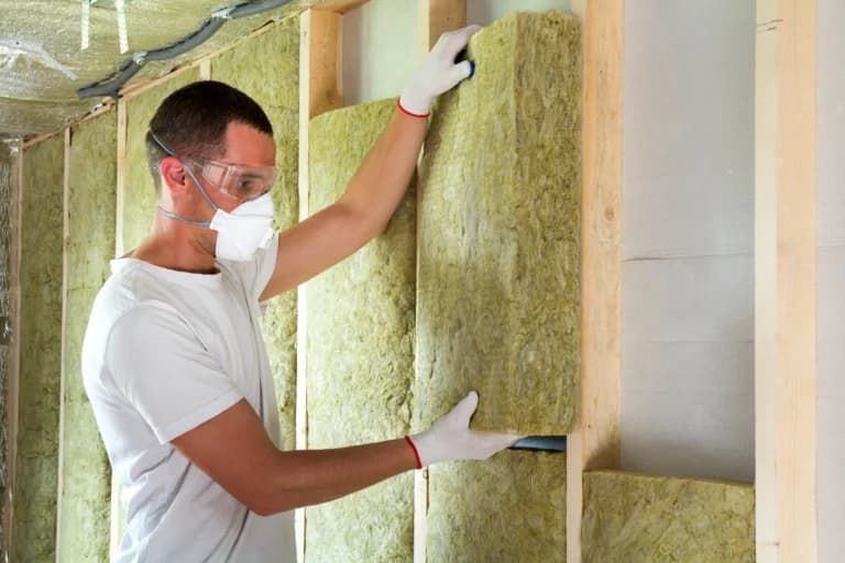Worker in protective goggles and respirator insulating rock wool