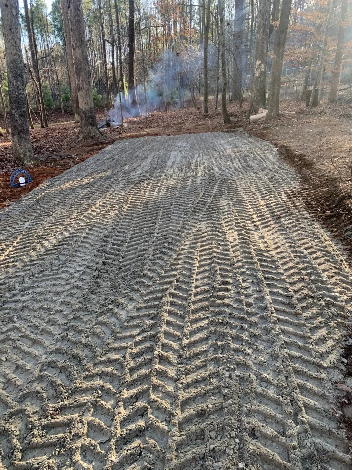 A dirt road in the woods with a tire track in the middle.
