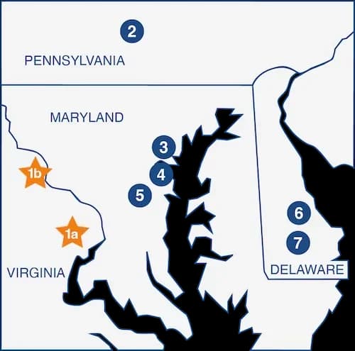Stylized map of northern Virginia, Maryland, Delaware, and southern Pennsylvania with markers for Southland and its sister company locations.