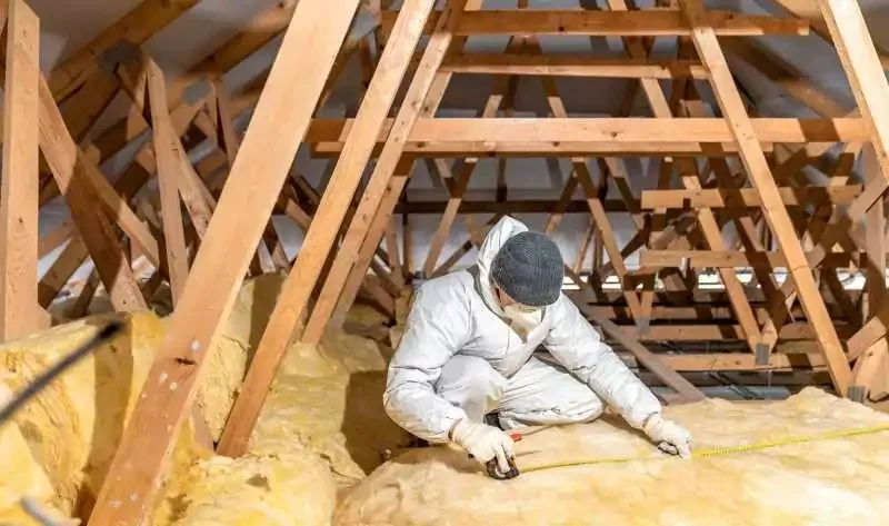 Fiberglass insulation installer works in an attic.