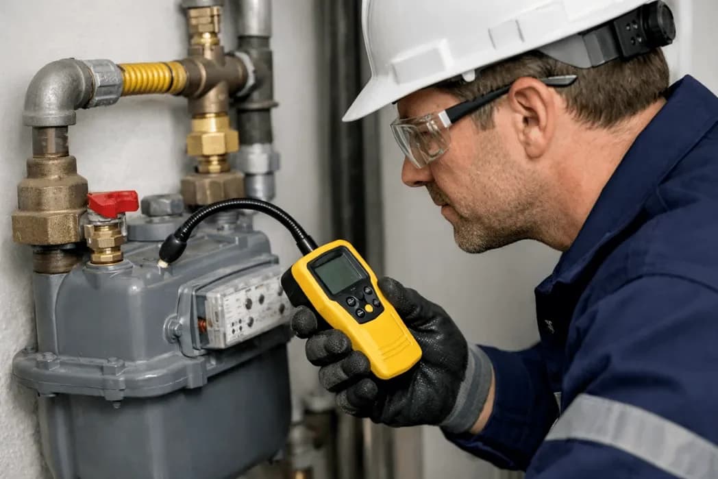 Technician performing gas line safety check
