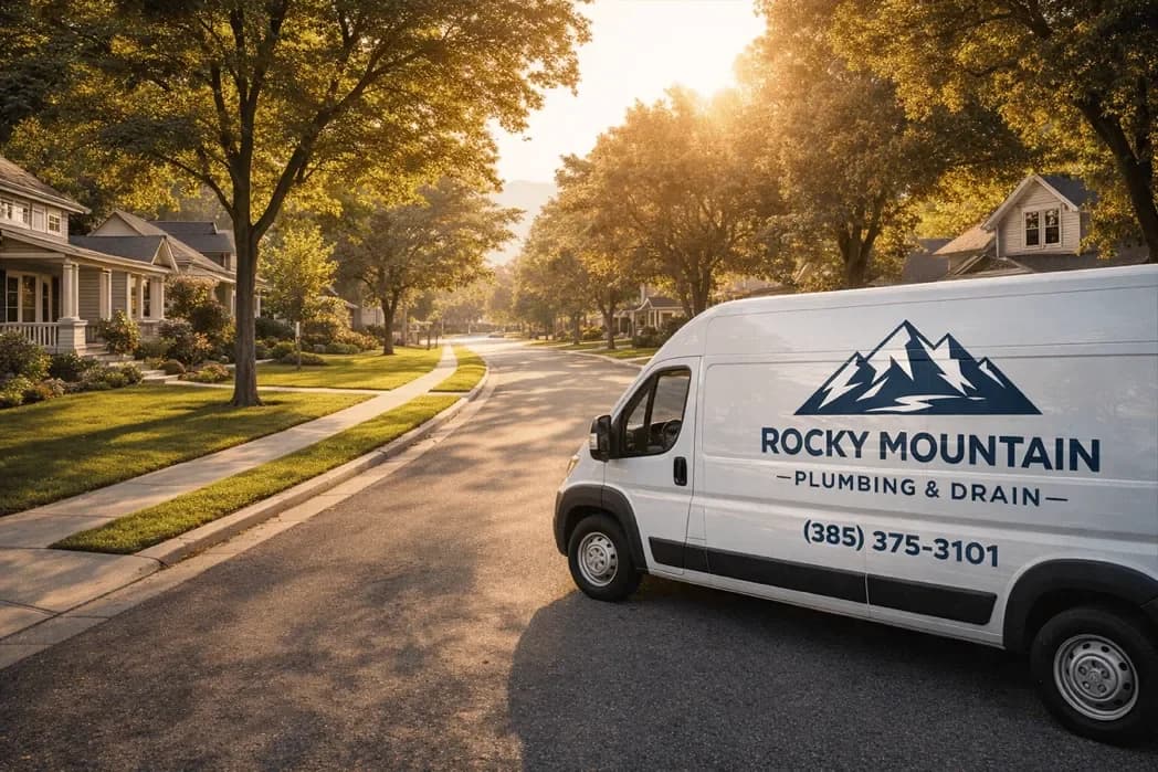 Rocky Mountain Plumbing & Drain service truck in a Utah neighborhood