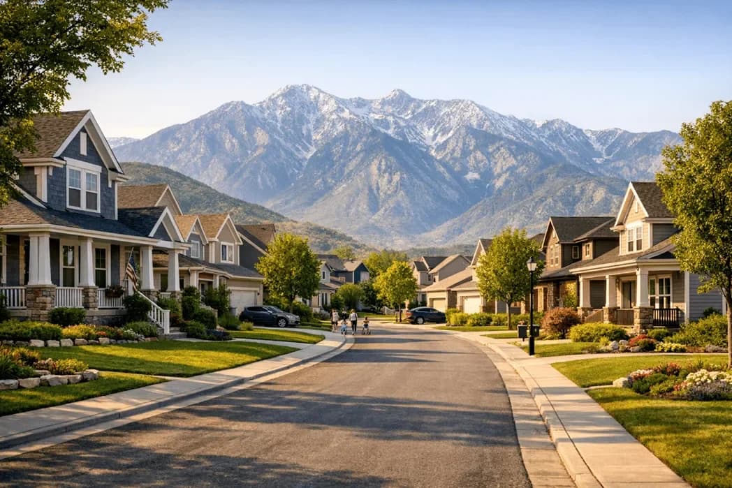 Welcoming Utah neighborhood street with mountains in background