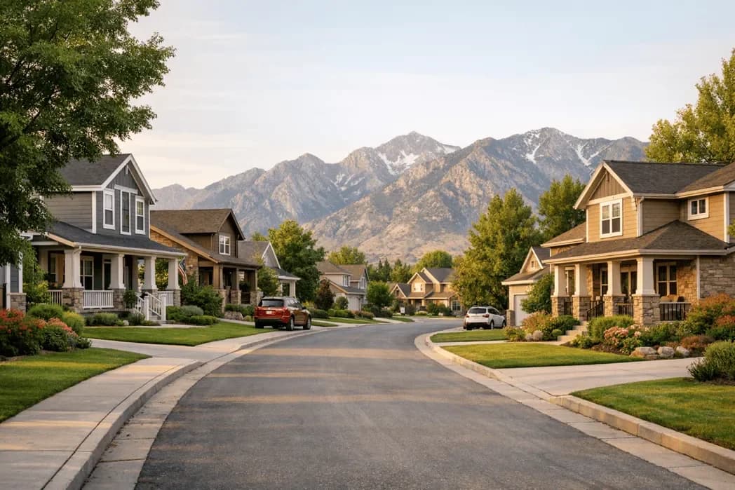 Sunny Utah neighborhood street with trees and homes