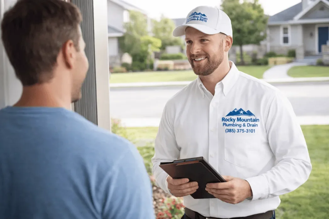 Plumbing technician speaking with a homeowner at their front door