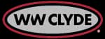 WW Clyde logo with bold white letters on a dark oval badge with a red border