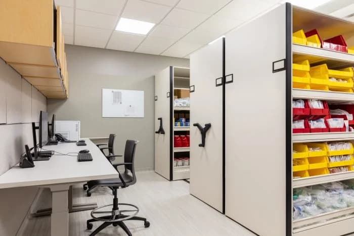 High density mobile shelving system for anesthesiology workroom