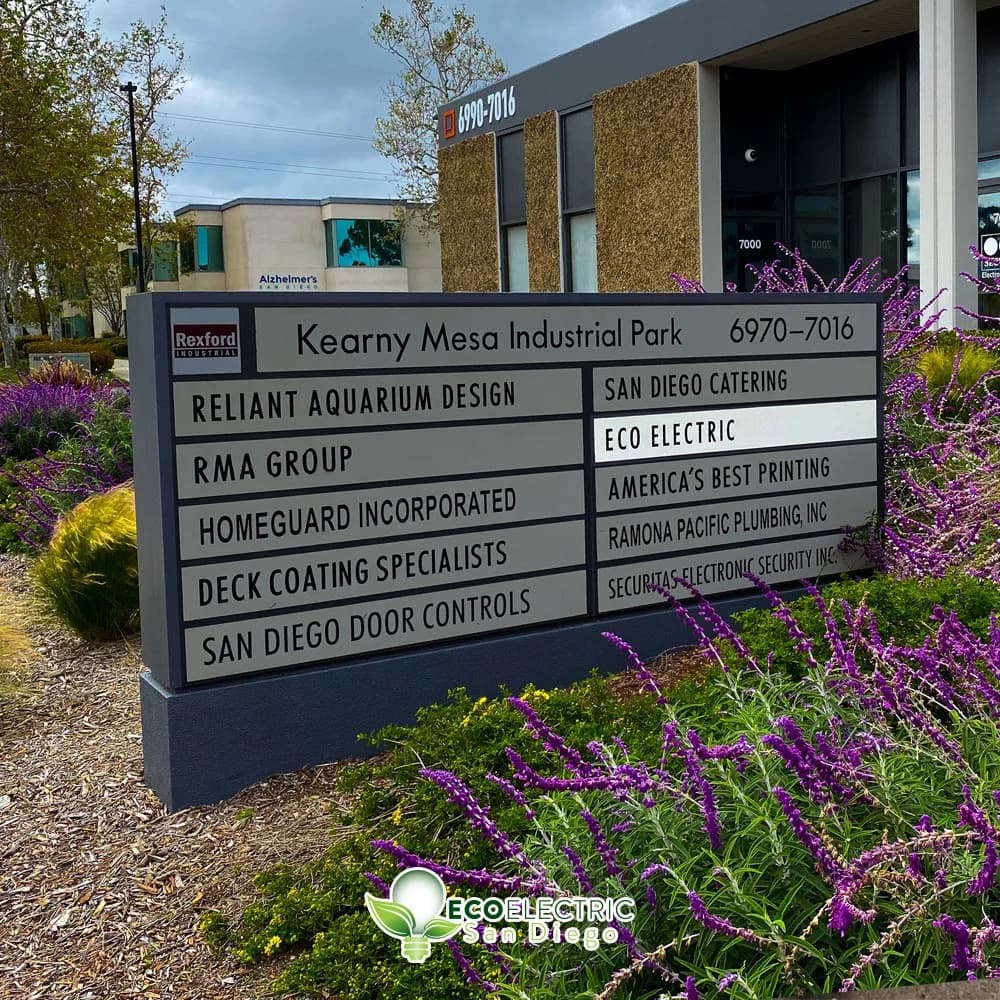 Kearny Mesa Industrial Park sign with Eco Electric San Diego highlighted