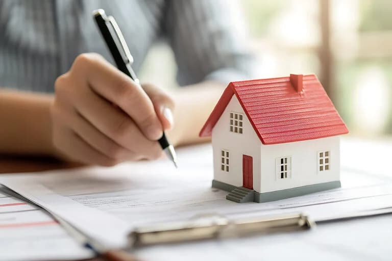 A person writing with a pen next to a small model house on paperwork.