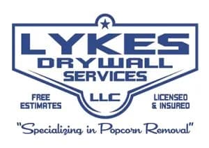A blue and white logo for lykes drywall services.