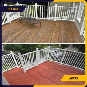 Before and after photos of a wooden deck. The 'before' photo shows the deck with faded, weathered wood, while the 'after' photo shows the deck freshly stained in a reddish color