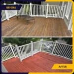 Before and after photos of a wooden deck. The 'before' photo shows the deck with faded, weathered wood, while the 'after' photo shows the deck freshly stained in a reddish color