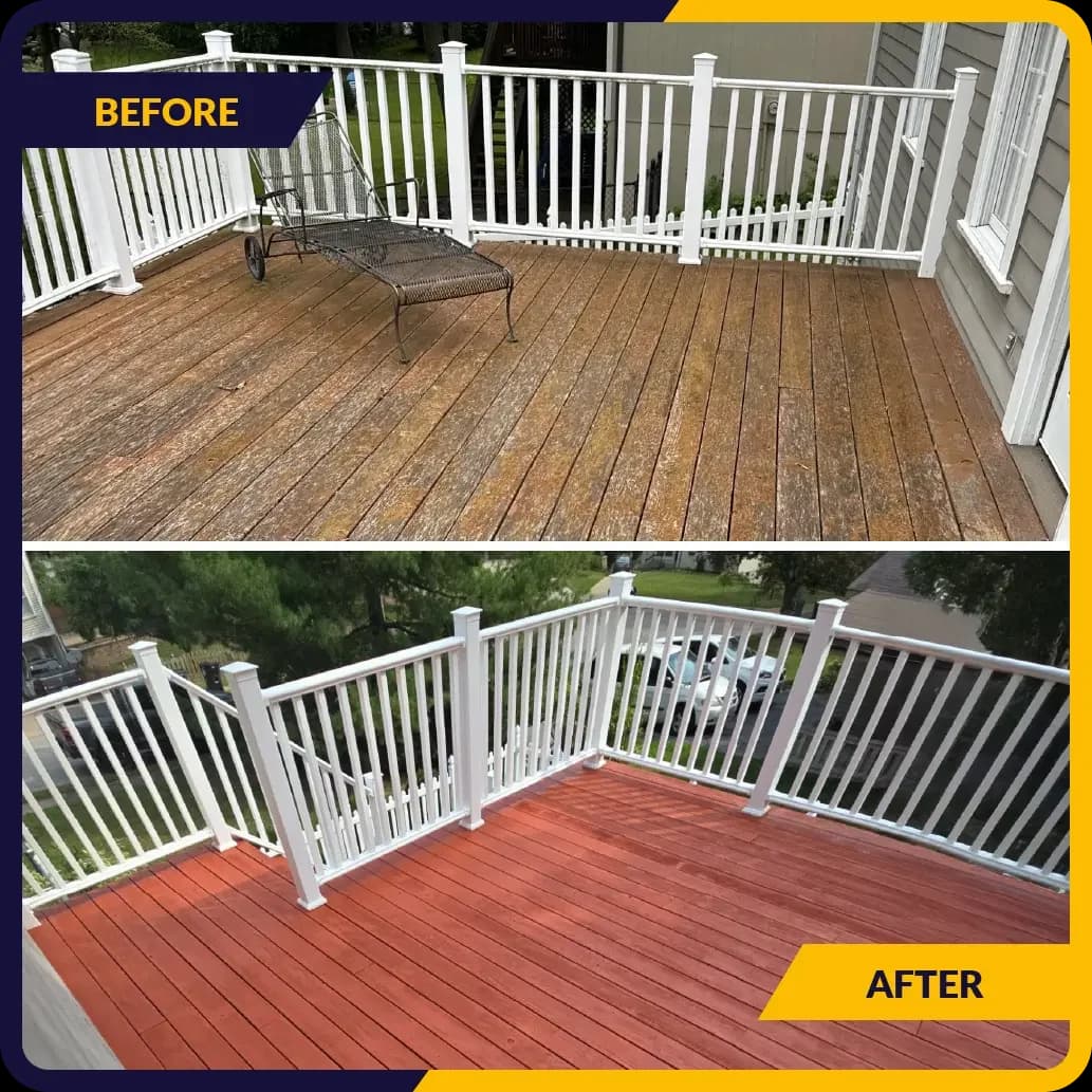 Before and after photos of a wooden deck. The 'before' photo shows the deck with faded, weathered wood, while the 'after' photo shows the deck freshly stained in a reddish color
