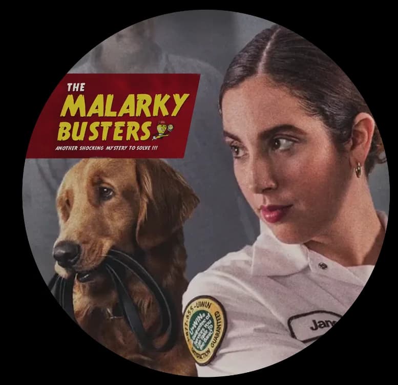 Close-up of female electrician named Jane with a dog; text reads 'The Malarky Busters.'