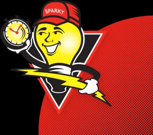 Mister Sparky mascot holding a clock with a lightning bolt on a red and black background.