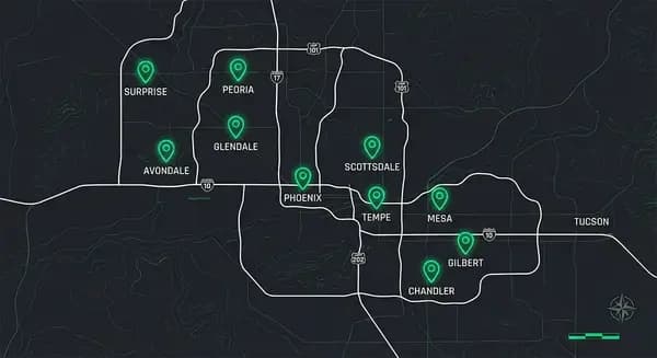 Phoenix metro area service map showing Scottsdale, Phoenix, Tempe, Mesa, Chandler, Gilbert, Glendale, and Peoria